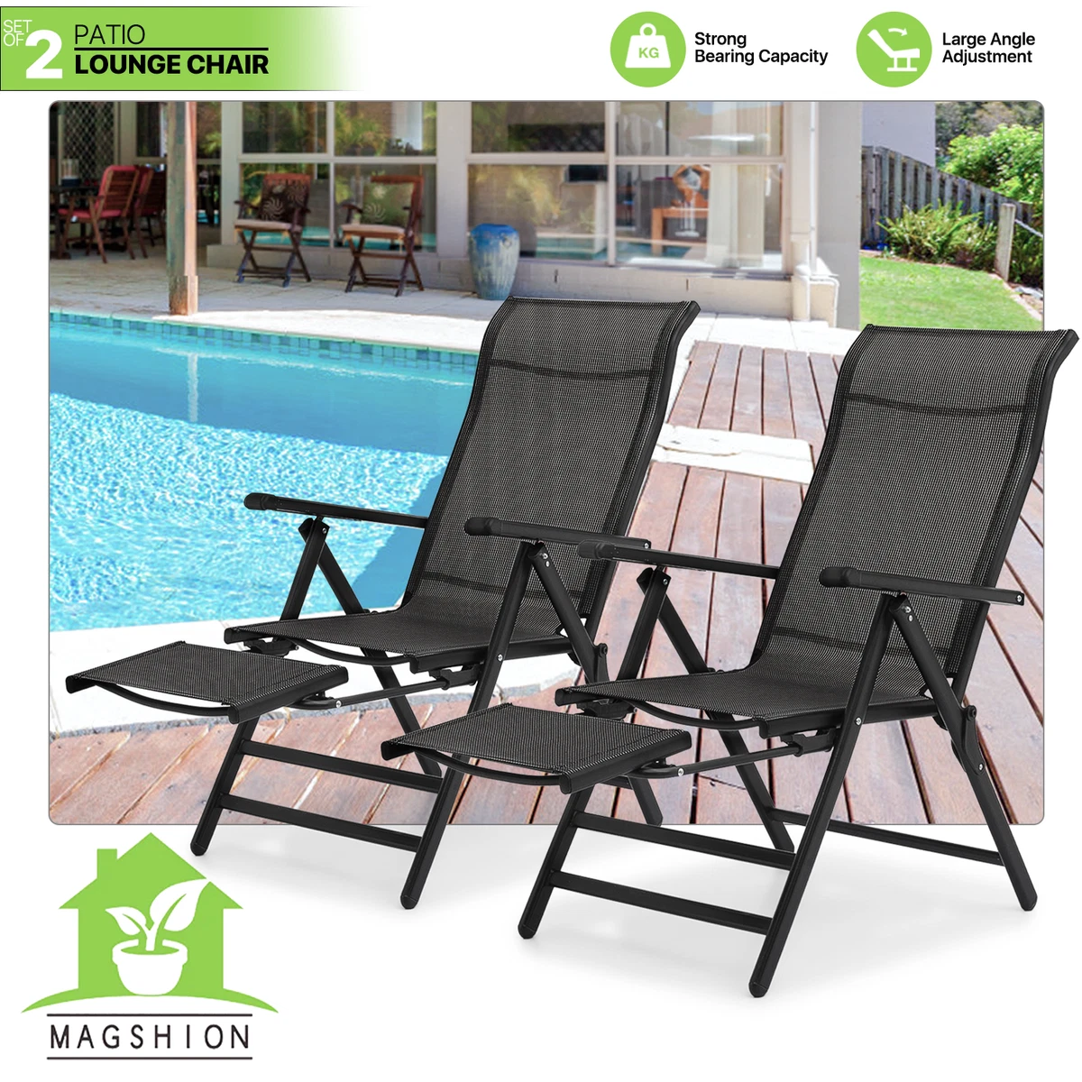 Set of 2 Folding Patio Sling Chair RETRACTABLE FOOTREST Reclinable