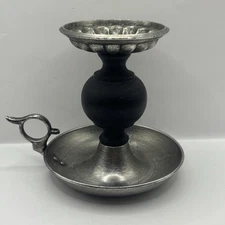 VTG Metal & Black Wood Chamberstick Finger Loop Candle Holder