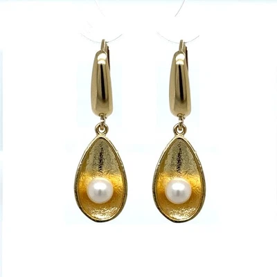 14k solid gold artistic drop hanging earrings with natural pearls. - Image 1 of 3