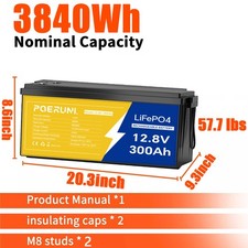 12V 300Ah LiFePO4 Lithium Battery Built-in BMS Deep Cycle for RV Solar Off-grid