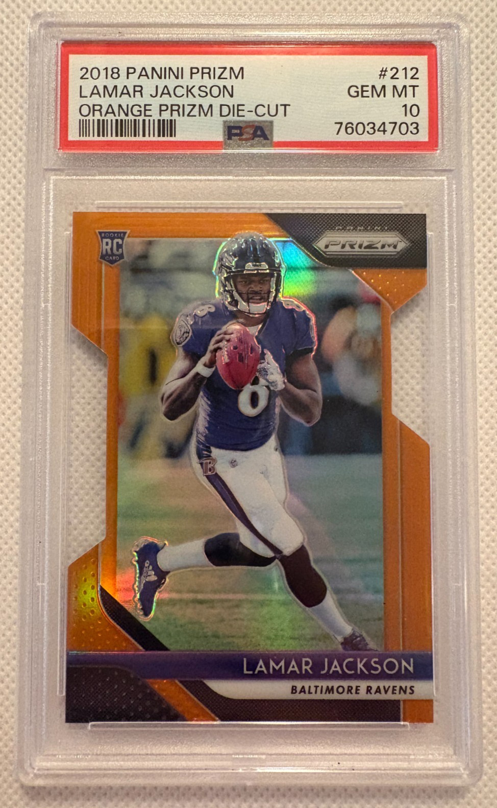 2018 Panini Prizm ORANGE PRIZM Lamar Jackson #/249 RC - #212 - PSA GEM MINT 10
