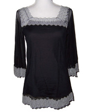 Nicole Miller Black Sheer Blouse w/ Black Camisole White Crochet Trim Size M
