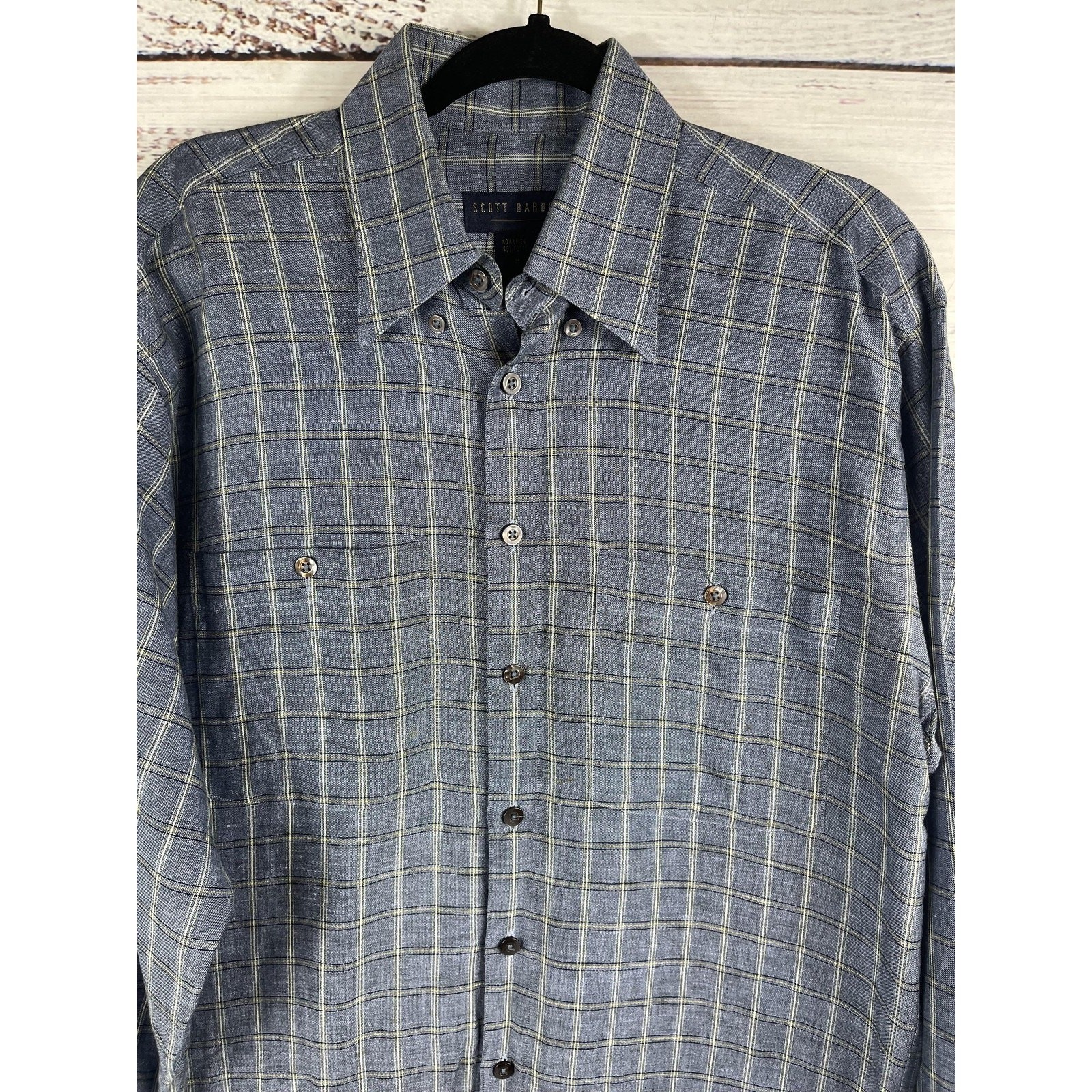Scott Barber Shirt Men's Medium Blue Gray Plaid Linen Cotton Button Front Casual