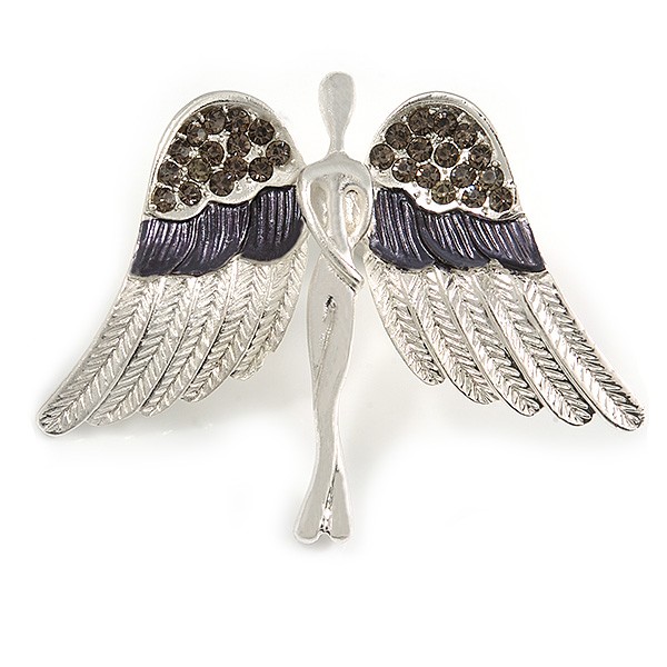 Flying Angel Grey Diamante Brooch In Rhodium Plating - 50mm Width