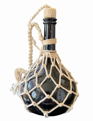 Vintage Olive Green Glass Demijohn Bottle Rope Netting Cork Stopper Reenactor