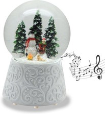 Snow Globe Christmas Music Box Snowman Standing Child on Sleigh Ornament Base W