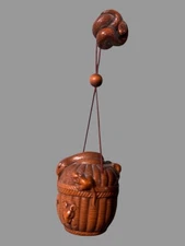 Antique Japanese Carved Boxwood Inro & Netsuke with Mice & Snakes in a Basket