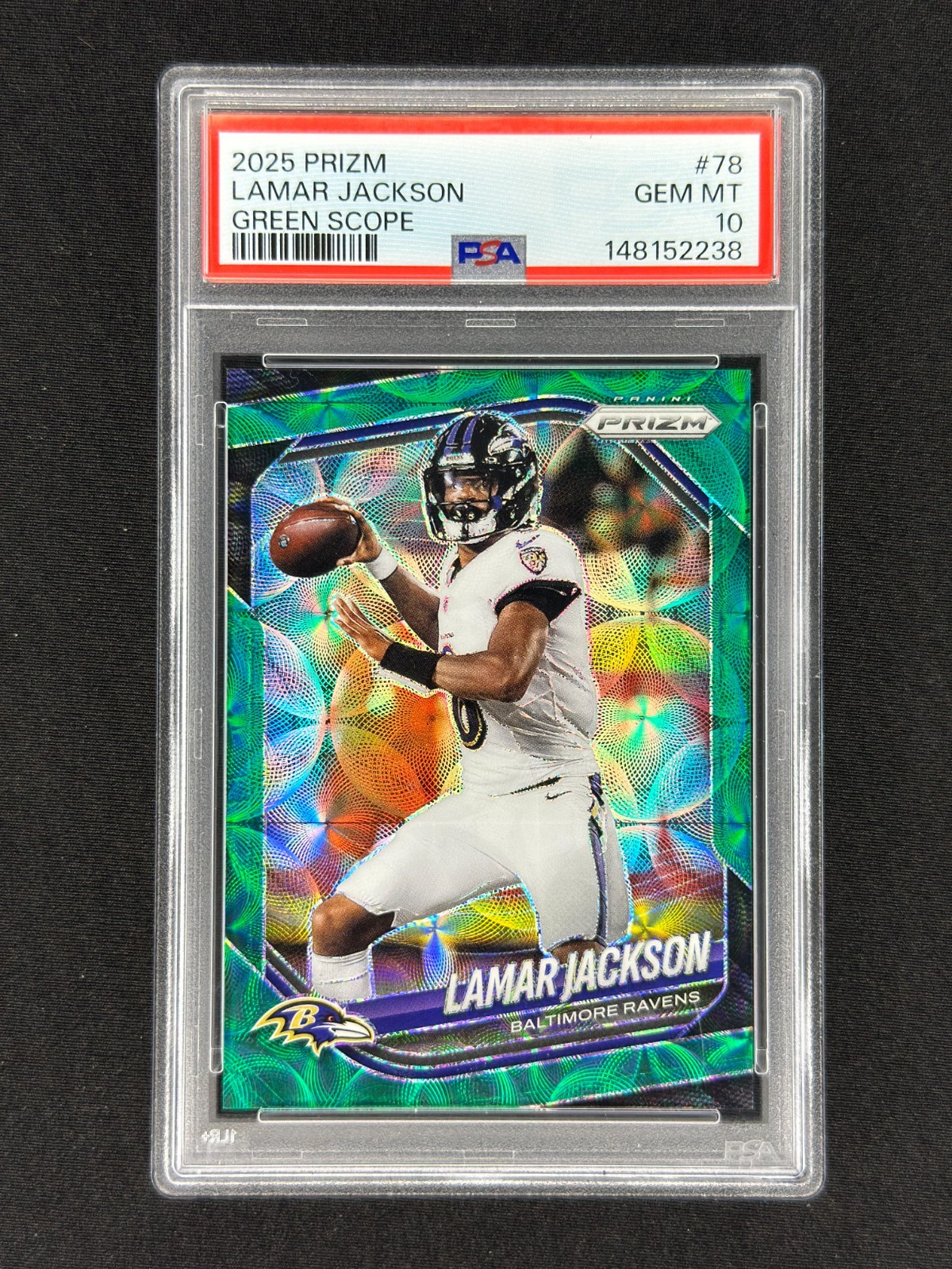 LAMAR JACKSON 2025 Panini Prizm #78 Green Scope /75 PSA 10 Ravens
