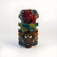 Mayan Jaguar Warrior Hand Carved Painted Mask With Intertwine Snakes 5” x 3” in