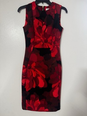 Calvin Klein Floral Sheath Dress   Red, Crimson & Black