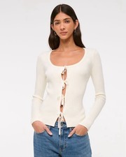 Abercrombie Fitch slim ribbed tie-front cardigan in cream