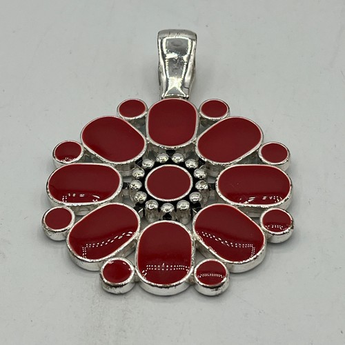 Premier Jewelry Reversible Floral Medallion Pendant Red & Teal Enamel Silver