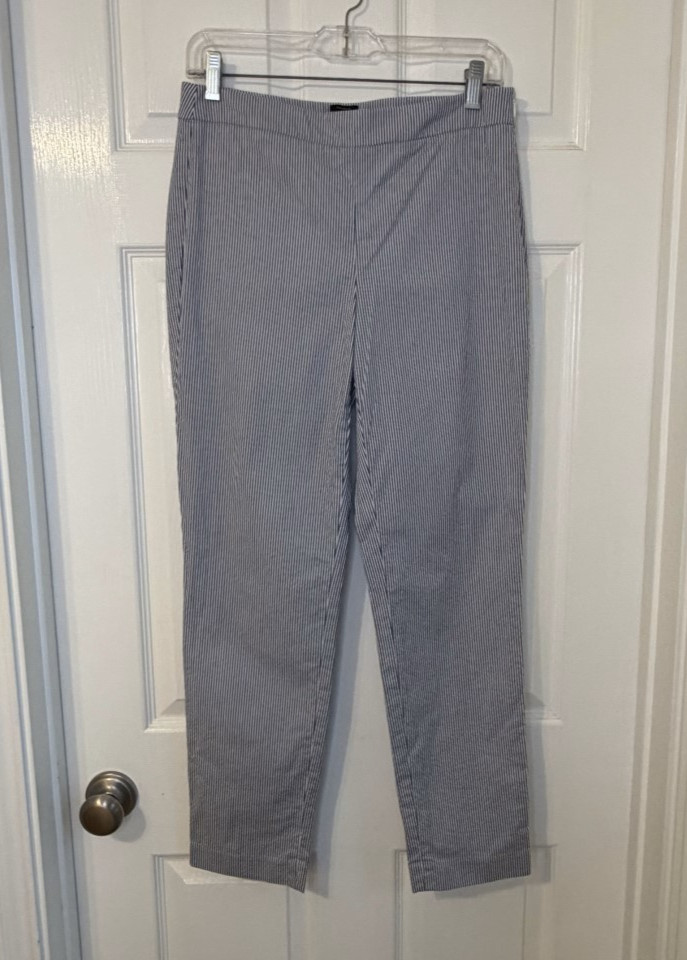 Talbots Womens Seersucker Ankle Pants Side Zip Mid Rise Slim Leg 4 Blue White