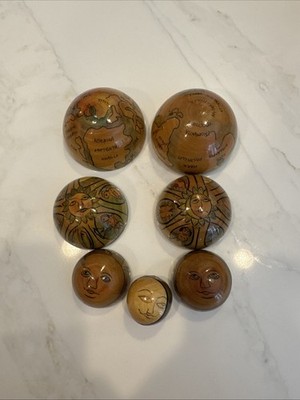 Vintage Hand Painted Celestial & Geographic Nesting Wood Spheres Earth Sun Moon