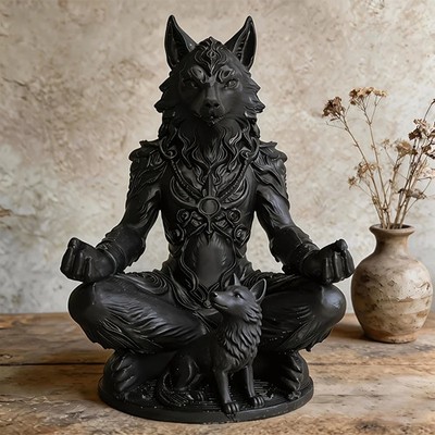 Meditating Werewolf Wolf Totem Resin Statue Gothic Fantasy Decor Figurine Black