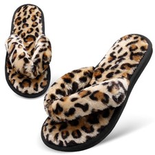 JOINFREE Women's Fuzzy Slides Thong Slippers Flip 5.5-6.5, A/Bare Leopard