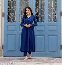 Indian Readymad Party Festive Wedding Rayon Kurta Kurti Pant Set for Women's Gif