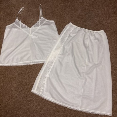 Vintage BHS weißes halbtransparentes Nylon- und Spitzen-Slip-Petticoat- und Cami-Westenset. 34  