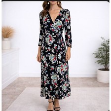 RIXO Katie Dress Small Black Floral V-Neck Long Sleeve Midi Cottagecore
