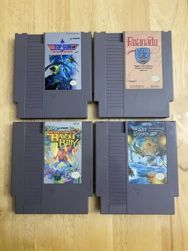 Lot Of 4 Nintendo NES Game Cartridges Faxanadu Bayou Billy Sky Shark Top Gun