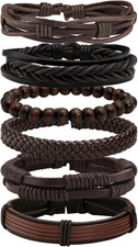 6 Pcs Braided Leather Bracelet for Men Women Wooden Beaded Cuff Wrap A: Brown