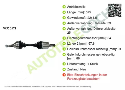 SKF Vkjc1472 eje de transmisión eje articulado para Opel Astra H GTC Caravan 2004-2015 - Imagen 4 de 7
