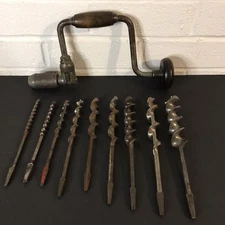 Vintag Lot of 10 w Irwin & Stanley Auger Bits & Stanley No 945 Hand Brace Drill