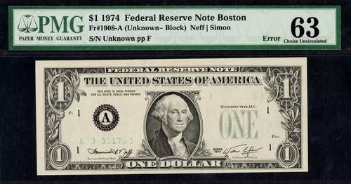 1 $ 1974 FRN UNZUREICHENDER FARBFEHLER FEHLENDE SERIENNUMMERN PMG Ch Unc 63