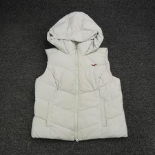 Hollister Vest Girls Large White Hooded Puffer Zip Pink Lining Embroidered Logo