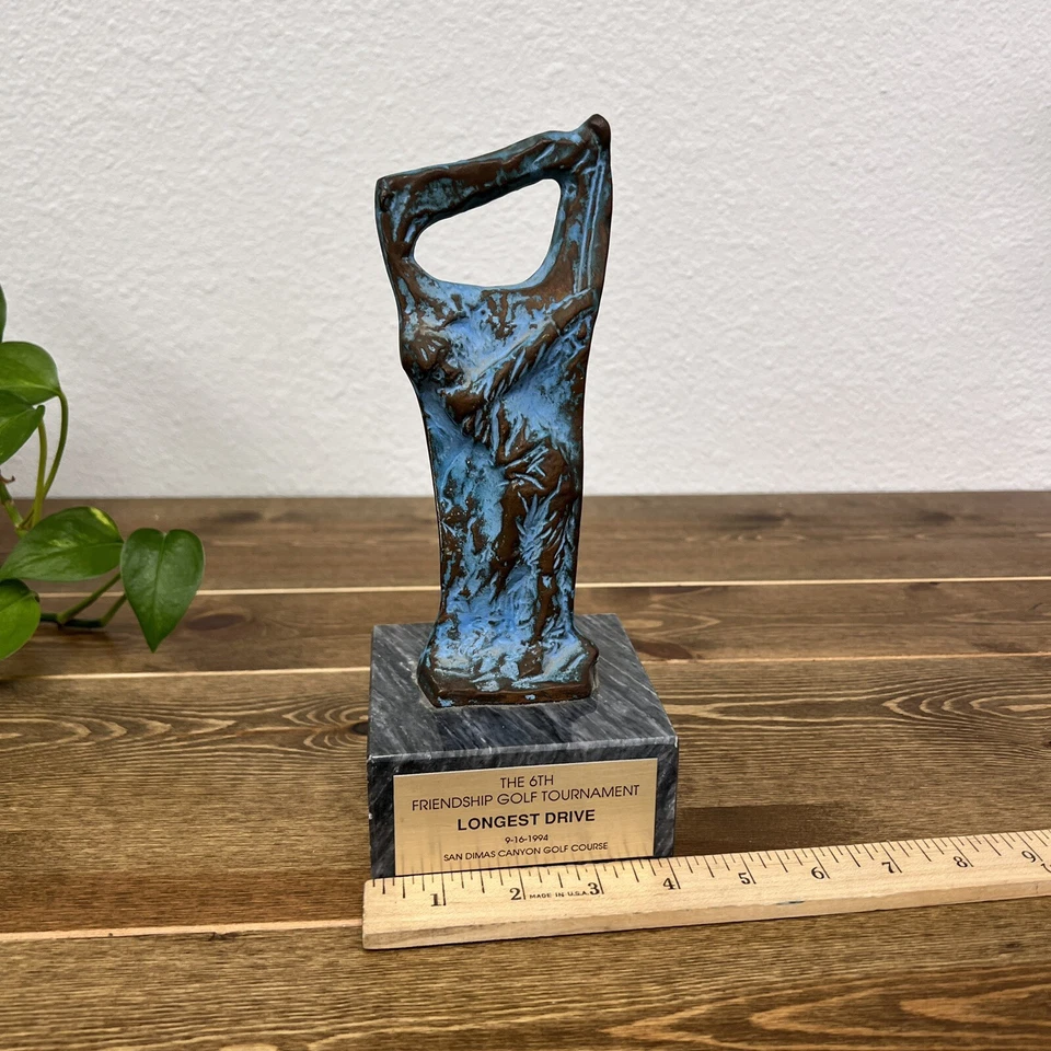 Brutalism Bronze Golf Player Art Sculpture on Marble Base By Sheridan Very 9.5” - Image 4 of 4