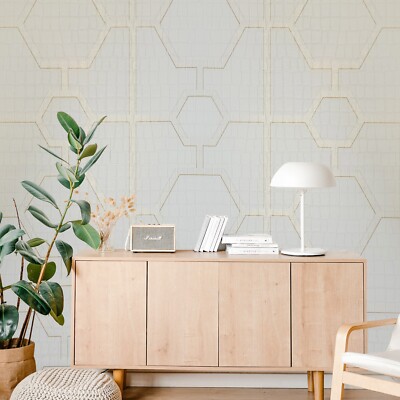 Geo Hexagon matt ivory gold metallic trellis lines wallpaper textured alligator