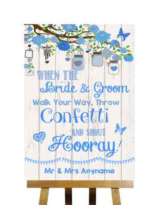 Blau Shabby Chic rustikal Holzoptik Konfetti personalisiert Hochzeit Schild