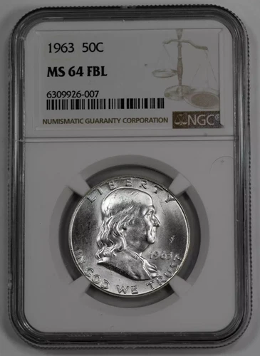 1963 FRANKLIN HALF DOLLAR 50C NGC MS 64 FBL MINT UNC - FULL BELL LINES (007)
