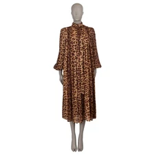 71264 auth ZIMMERMANN brown viscose 2025 CRUSH LEOPARD TIE NECK Dress 0 XS