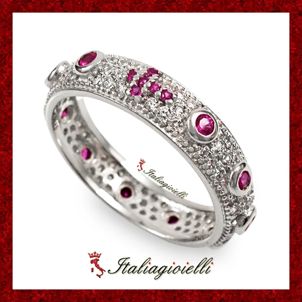 Prezioso Anello Rosario Brillante con Rubini in Argento 925 Rodiato Oro Bianco - Immagine 3 di 4