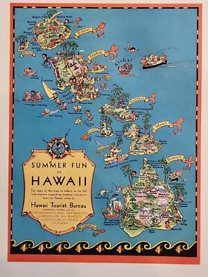1930 Summer Fun In Hawaii Tourist Bureau Map Color Fortune