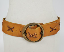 Vintage 70s Womens Wide Laced Leather Hip Belt w/North Judd Brass Buckle Tan 38"