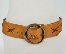 Vintage 70s Womens Wide Laced Leather Hip Belt w/North Judd Brass Buckle Tan 38"