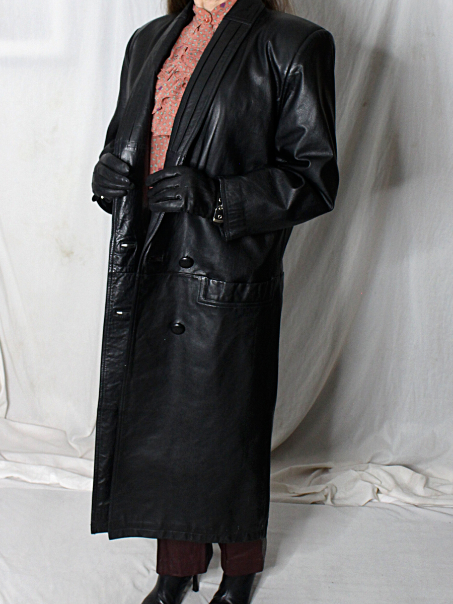 Womens Leather Trench Coat Black S-M Long Lambskin Vintage Womens Leather Trench Coat Black S-M Long Lambskin Vintage