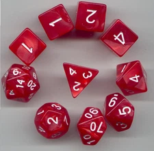 NEW RPG Dice 10pc - Pearl Red - 1 @ D4 D8 D10 D12 D20 D00-10 & 4 D6