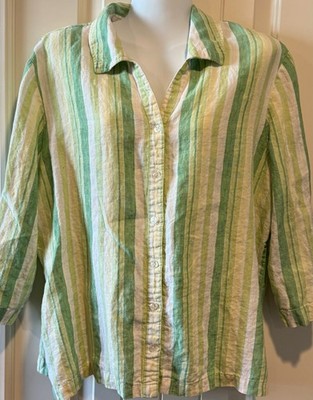 JM Collection Green White Striped Linen 3/4 Sleeve Button Shirt - Women's 18
