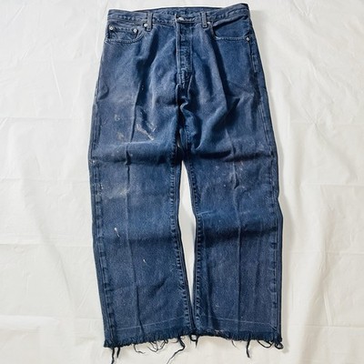 Distressed Levi's 501 Vintage 90s Navy Blue Jeans W34 L29 Altered/Frayed Hem USA