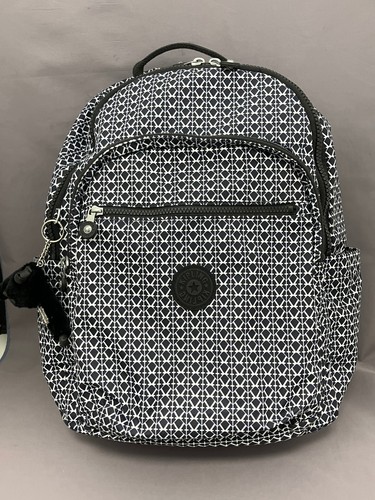 Kipling Seoul Backpack Black White Geometric Print Monkey Keychain From Japan - Picture 1 of 15