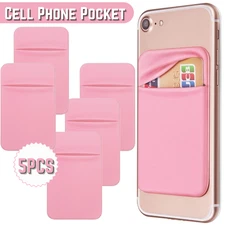 5pcs Credit Card Holder Cell Phone Wallet Pocket Sticker Adhesive Pouch Pink
