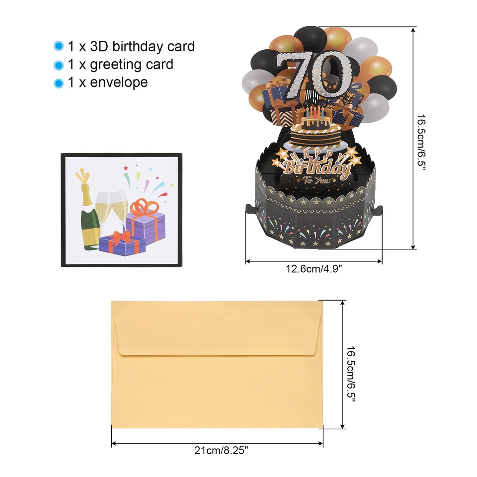 70 cumpleaños, tarjeta de cumpleaños emergente feliz cumpleaños para niño mujer, negro dorado Foto 2 de 4