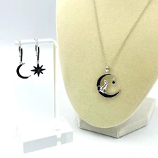 Black Spinel STS Crescent Moon w Cat Necklace and Moon Star Earrings Halloween