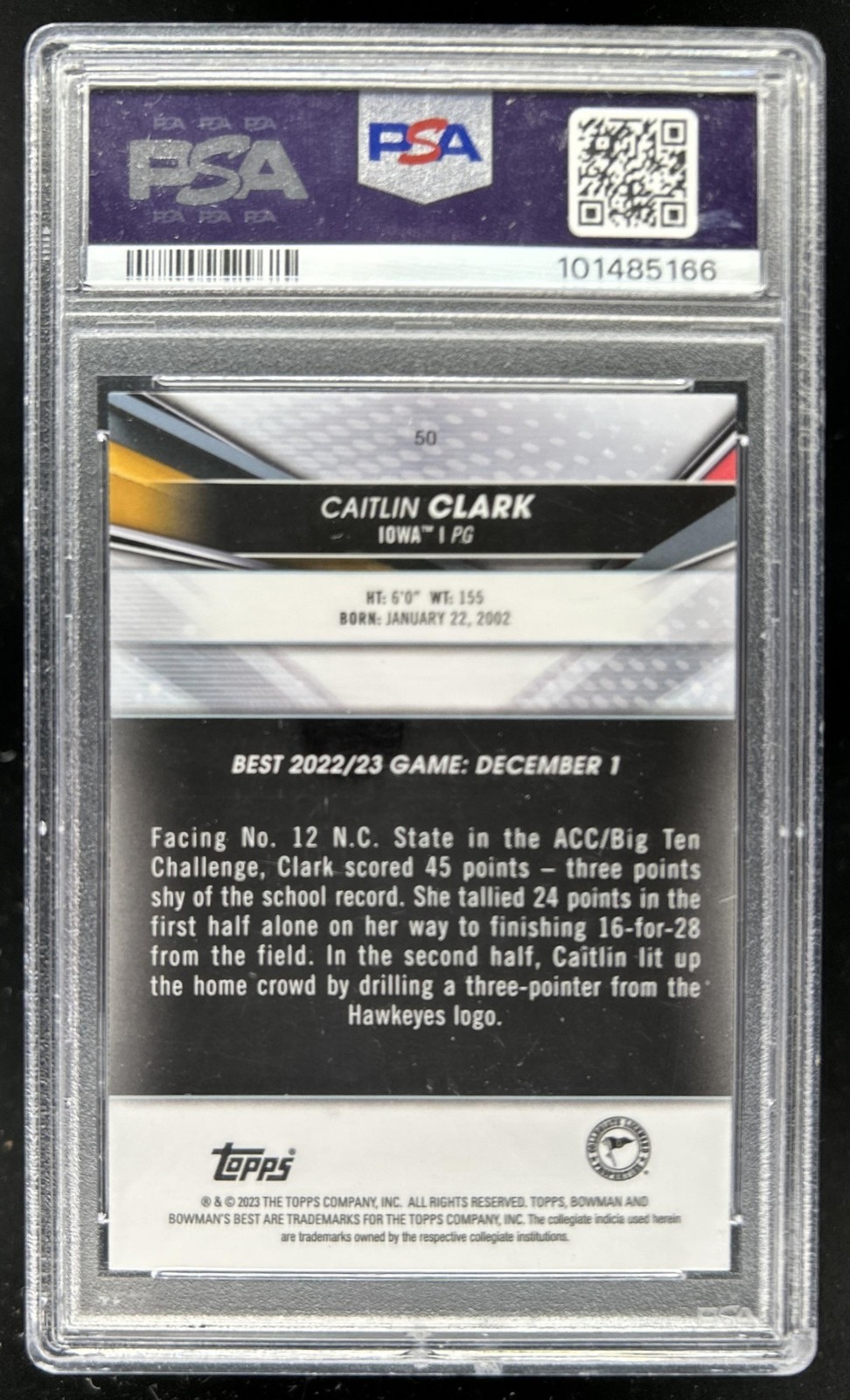 2022-23 Bowman University Best Caitlin Clark #50 Hawkeyes PSA 10 GEM MINT view 2
