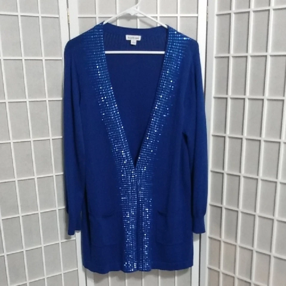 Cárdigan suéter para mujer Joan Rivers azul adornado con lentejuelas talla L Foto 4 de 4