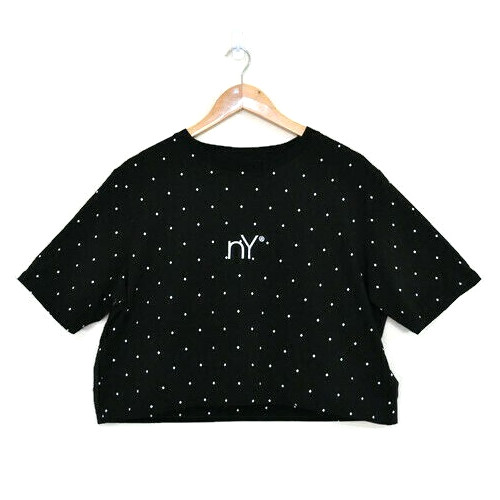 NANA JUDY Womens Black / White NY Logo Crop Short Sleeve Top - Size XL