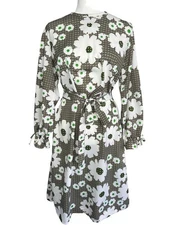 Vintage 70's Mod Floral Dress Medium White Green Brown Long Sleeve Belted Retro